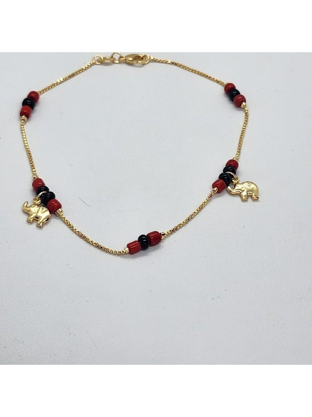 Brand New Brazilian 18k Gold Filled 2 Elephants red/black Beaded Anklet - Picture 2 of 4